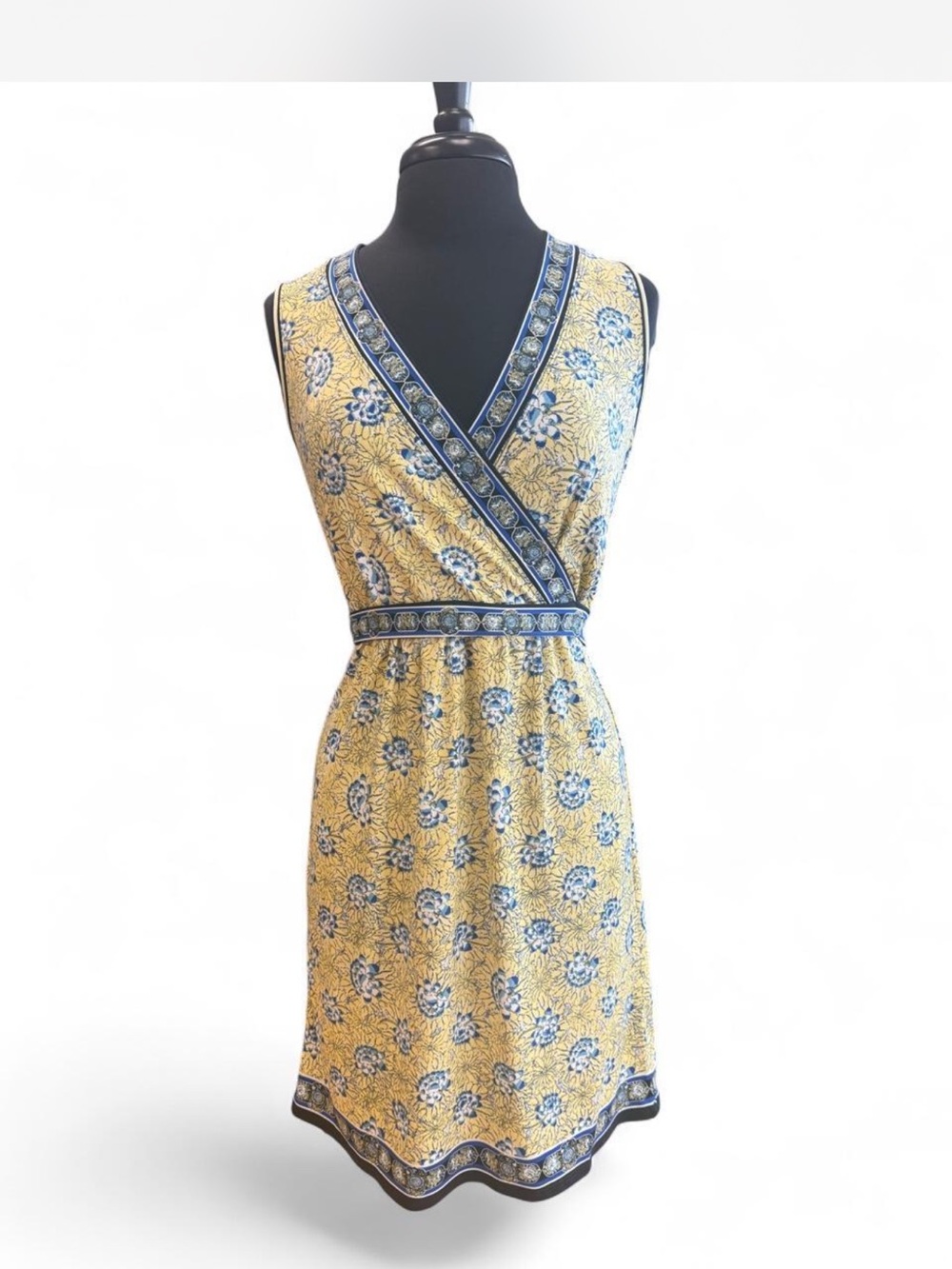 Max Studio Yellow & Blue Floral Wrap-Style Midi Dress
